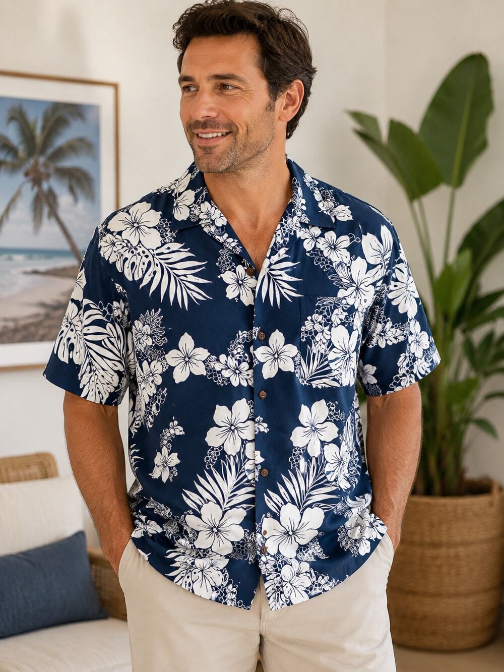 Royal Creations Hawaii Blue White Tropical Floral Shirt Men’s XL